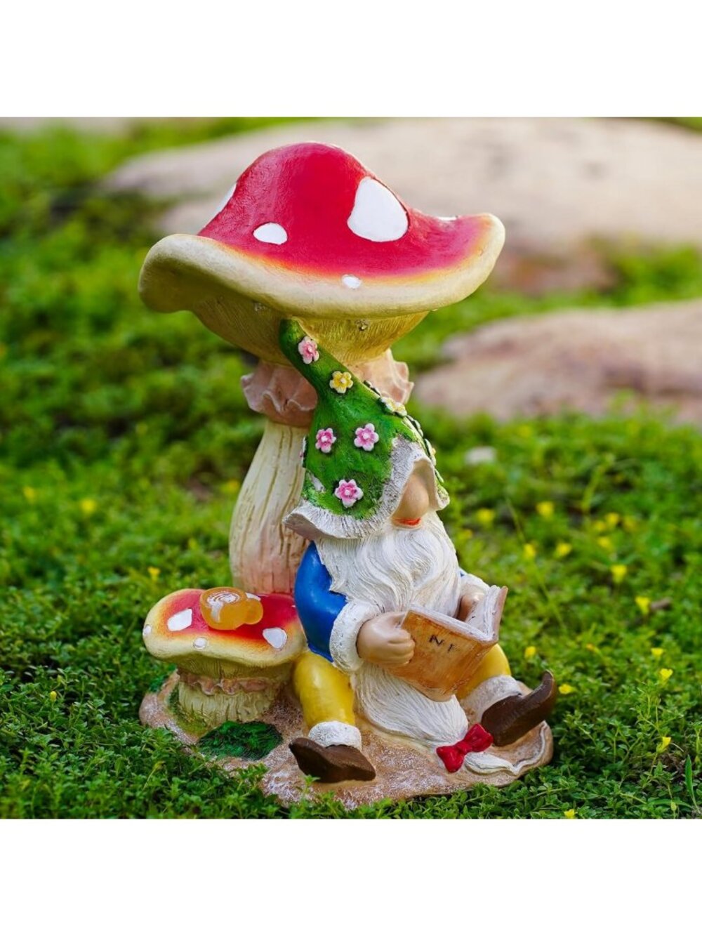 Solar Garden Gnome Statue Reading Under Mushroom - 5 LED Outdoor Decor for Yard